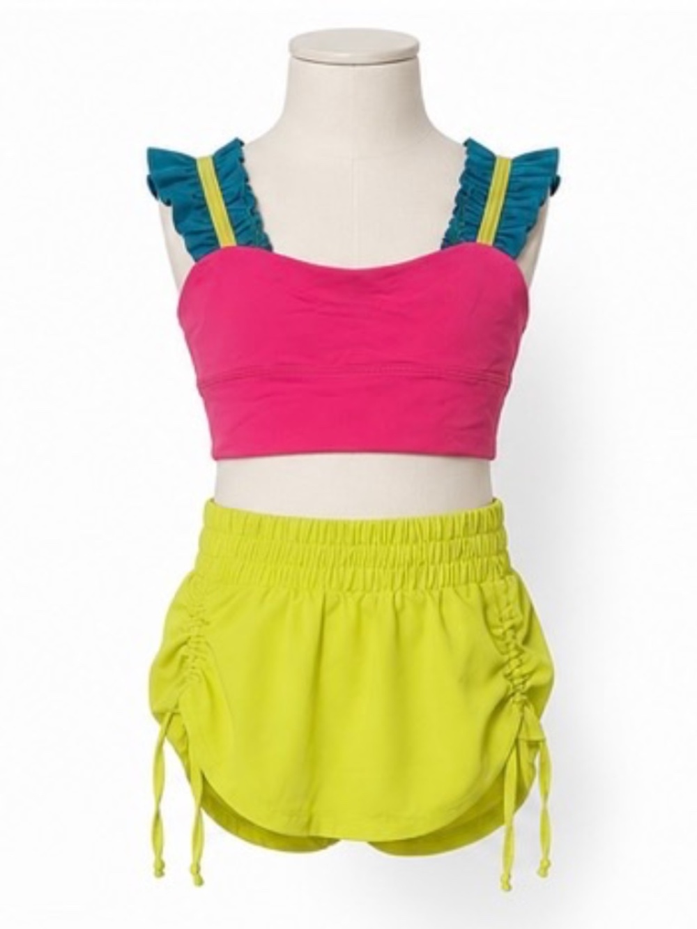 EUC Girls Neon Pink Yellow Dance Set Ruffle Sports Bra Shorts Dance Gymnastics